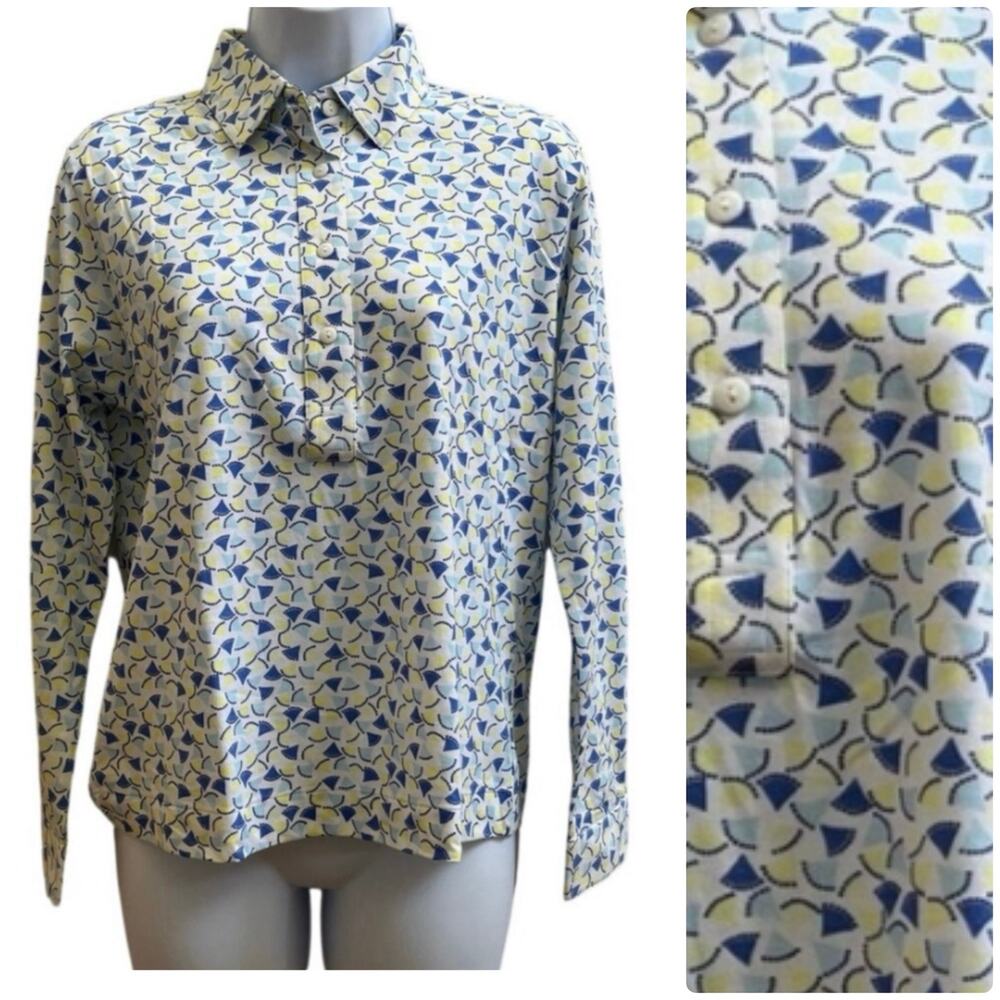 Leon Levin Collared Long Sleeve Geometric Print Polo Shirt Petite Small